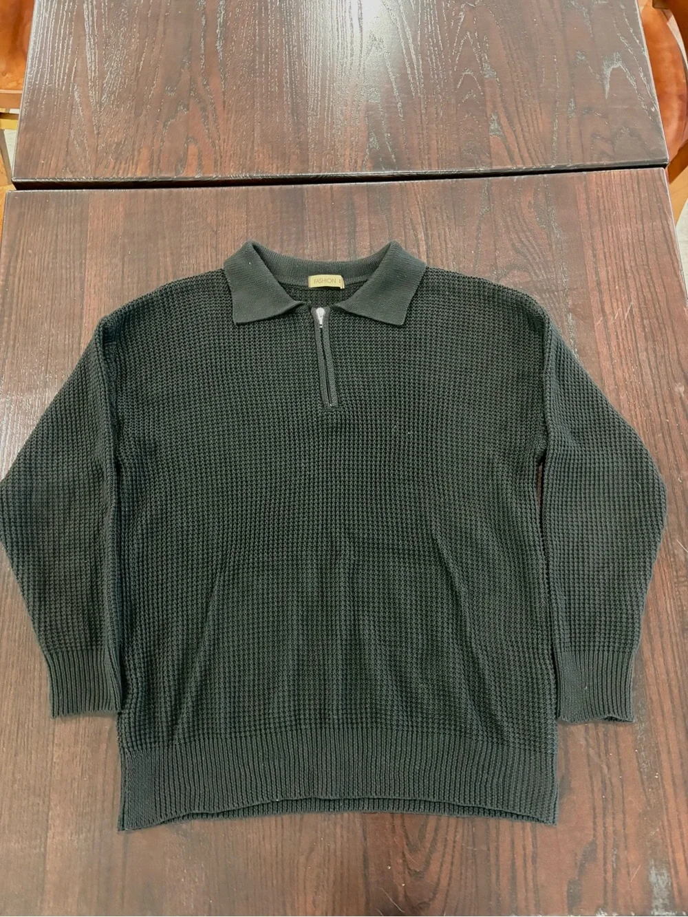 Men's Black Waffle-Knit Half-Zip Polo Sweater